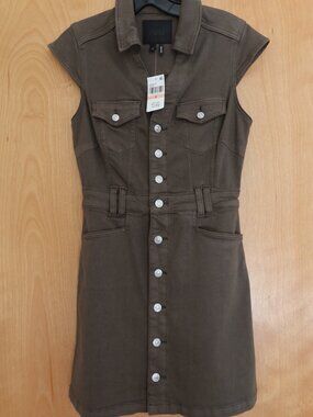 NWT! $249 Paige Jaxsyn denim mini shirt dress olive green & silver buttons sz 2
